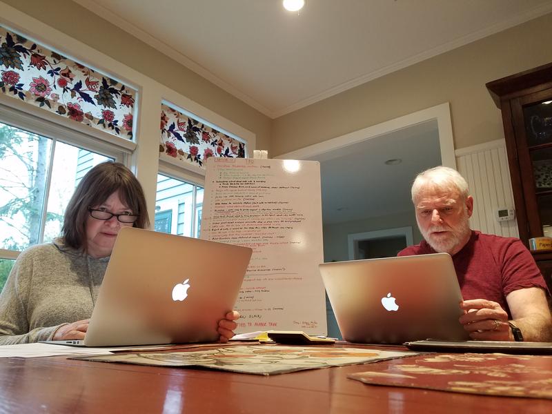 Rebecca Reynolds and Jim Carpenter work on their podcast 'Hollywood and Crime' from their home in Leland.